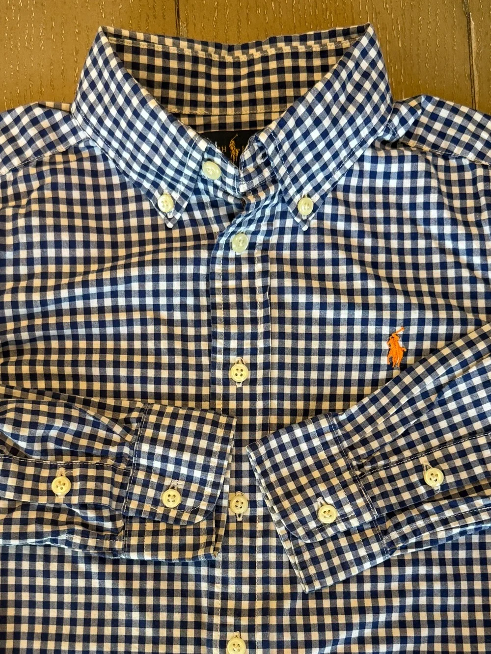 Ralph Lauren Boys’ Navy Checkered Plaid Long-Sleeve Polo Button Up • Size 5 (XS)
